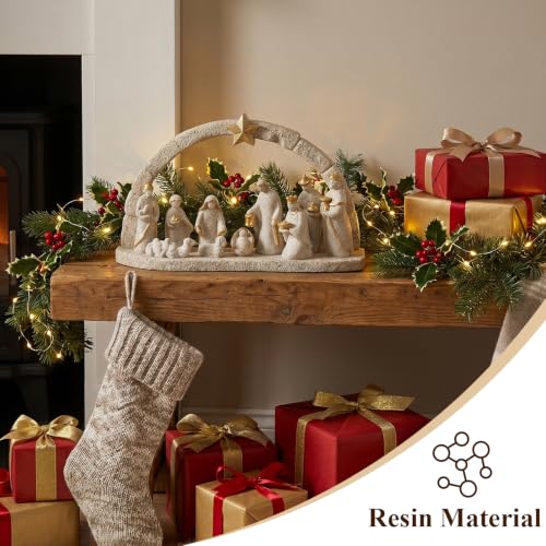 VELLORUM Nativity Scene Set with Arch – 11 Resin Figurines, Gold Accents