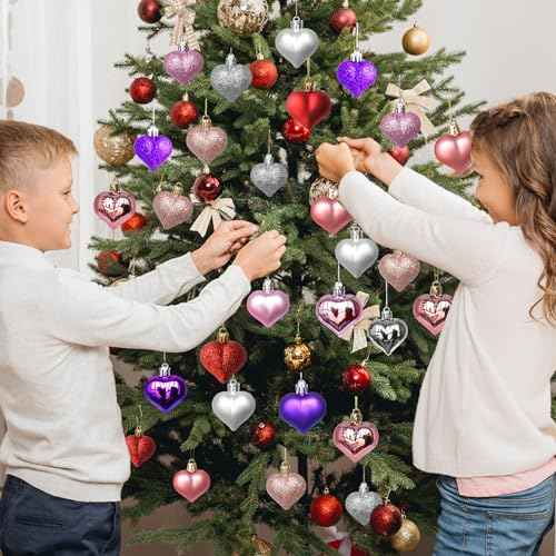 12Pcs Heart Ornaments Multi Finish Heart Baubles Hanging Ornaments for Valentine¡¯s Day Decor Mother's Day Christmas Tree Wedding Anniversary Party Decoration(Purple)
