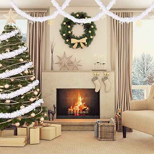 DIYDEC 5pcs 33ft Christmas Tinsel Garlands,Xmas White Glittering Hanging Tinsel Garland Metallic for Christmas Party Decoration