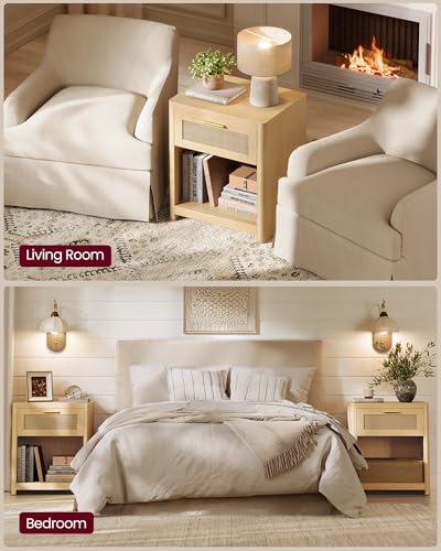 VASAGLE Boho Nightstands Set of 2 - Oak Beige Rattan Look, 15"D x 18.9"W x 23.6"H