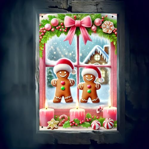 Christmas Window Cover 31x47 Inch Gingerbread Couple Window Decoration with Pink Bow and Scene Holiday Window Banner for Kids Christmas Decor