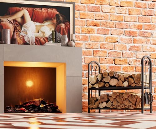 Firewood Log Rack with Fireplace Tools - 31x13x29 Inch Black Wrought Iron