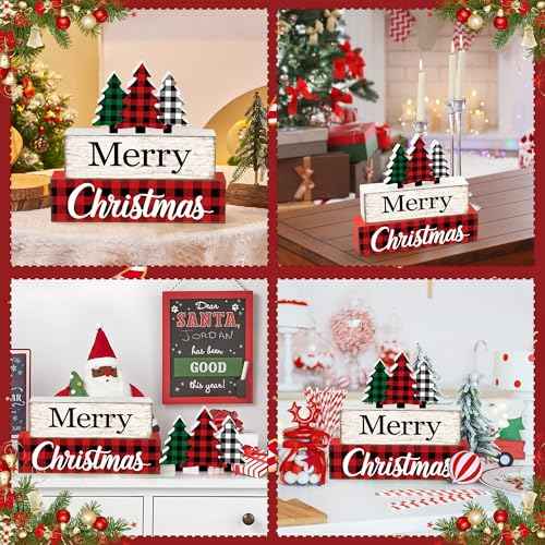 3 Pcs Merry Christmas Table Wooden Decor Christmas Tree Wood Block Sign Xmas Buffalo Plaid Tabletop Centerpiece Xmas Rustic Tiered Tray Decor for Winter Farmhouse Home Kitchen Office Shelf Decoration