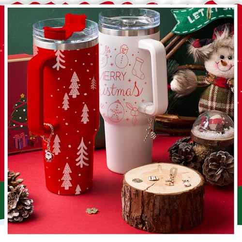 8 Set Tumbler Charms Christmas Themed Cup Charms Accessories Wreath Bells Santa Christmas Tree Candy Bar Handle Charm for Mugs Cup Compatible with 20 30 40 oz Tumblers
