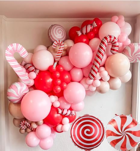 Pink Christmas Balloon Arch Kit 150pcs – Candy Cane & Lollipop Foil Balloons