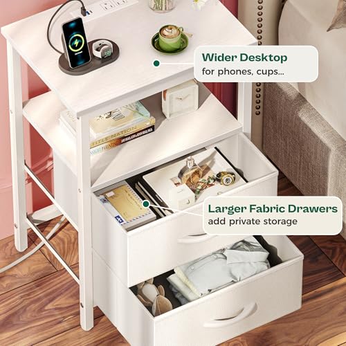 Huuger White Night Stand with Charging Station & LED Lights, 2 Drawer, 11.8"D x 15.7"W x 23.6"H