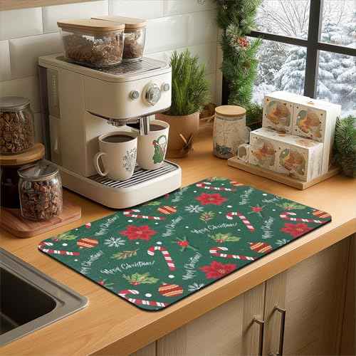 Findosom Christmas Dish Drying Mat, 12" x 20" Super Absorbent & Cuttable Dish Mat with Christmas Candy & Gift Pattern, Hide Stain Drying Mat for Kitchen Counter Coffee Maker Dining Room Decoration