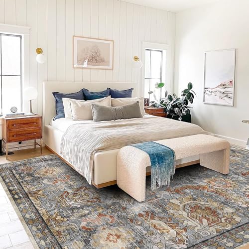 RUGSURE Washable Area Rug 8x10 ft Vintage Tribal Turmeric & Grey Non-Slip