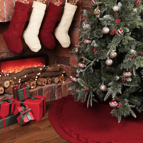 LimBridge Large Cable Knit Christmas Tree Skirt - Rustic Burgundy 60 Inch
