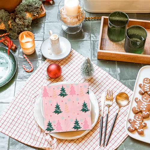 Christmas Paper Napkins Pink Green Xmas Tree Disposable Party Hand Towels 100 Pack