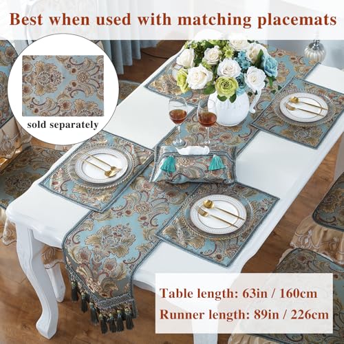 Kilofly Blue Floral Brocade Jacquard Table Runner 89x12 Inches with Tassels