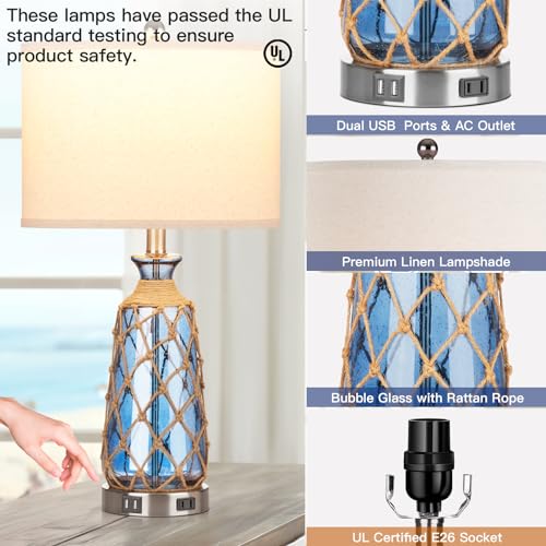 Ruzectt 25.5" Coastal Glass Table Lamps Set of 2, 3-Way Dimmable