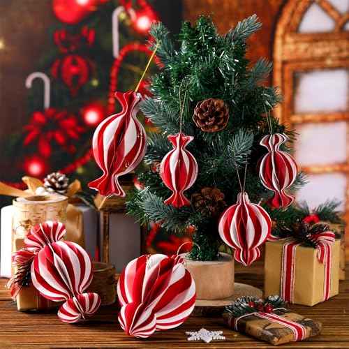 6 Pcs Christmas Ornaments Candy Paper Honeycomb Ornaments 3D Red White Hanging Decor Craft Balls for Christmas Tree Holiday Party Home Decoration