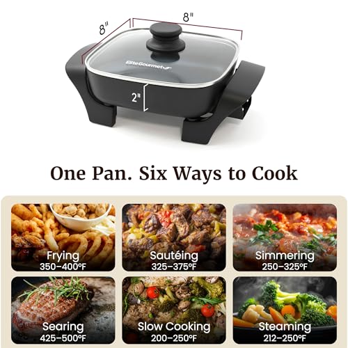 Elite Gourmet 2.5Qt PFAS-Free Ceramic Electric Skillet - Compact 8x8 Inch Square Pan