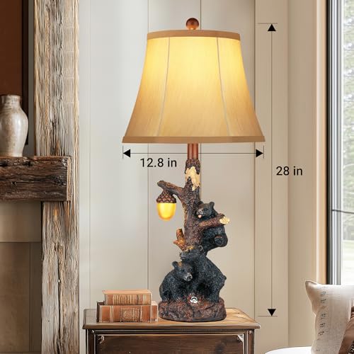 Rustic Bear Bedside Table Lamps Set of 2 with Nightlight & USB Ports