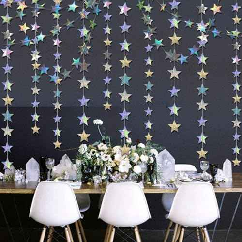 6 Pack Iridescent Star Paper Garland Holographic Twinkle Star Hanging Bunting Banner Backdrop for Christmas Birthday Party Decor Baby Shower Graduation Wedding Supplies