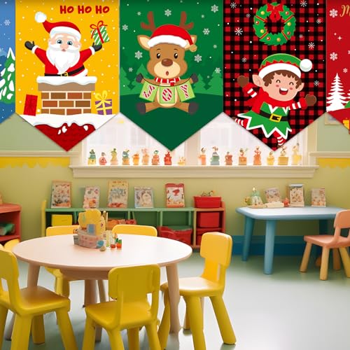 Breling 6 Pcs Christmas Kitchen Curtains Christmas Window Valance Curtain Decoration Xmas Rod Pocket Short Drapes Set for Classroom Living Room Bedroom Holiday Decor 36x24 in(Xmas Cartoon Character)