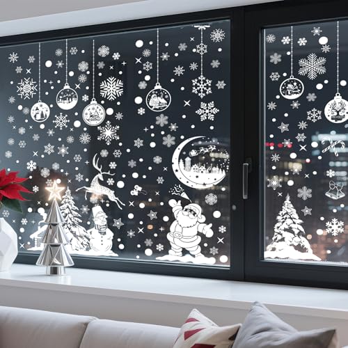 Snowflakes Christmas Window Clings 260PCS White Xmas Window Sticker Santa Claus Reindeer Xmas Decals for Holiday Decorations Party Supplies Glass Window