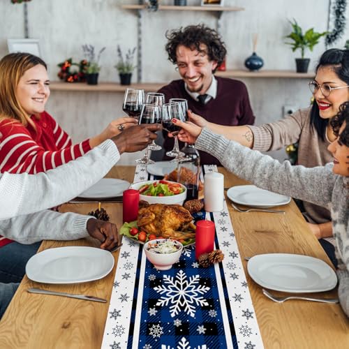 72 x 13 Inch Christmas Table Runner ? Blue and Black Buffalo Plaid with White Snowflake Pattern for Winter Holiday, Kitchen, Dining Table, Mantel, Xmas Party Decorations