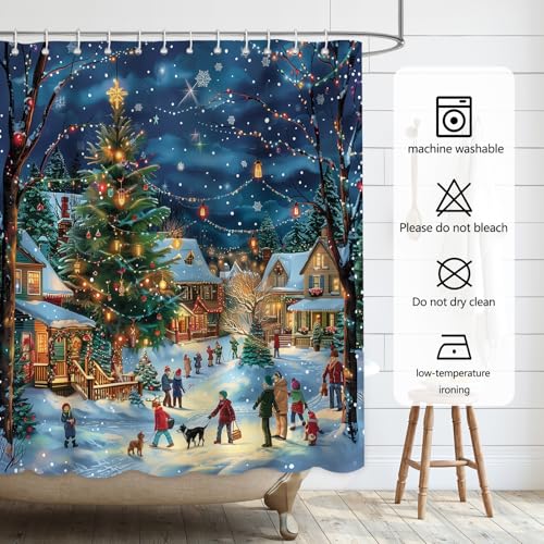 Christmas Shower Curtain Set with Hooks - 72x72in Waterproof Fabric Holiday Tree Farmhouse