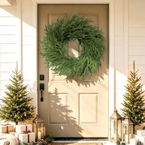 Thewe 26-Inch Real Touch Norfolk Pine Wreath with Velvet Ribbon (Green) for Front Door