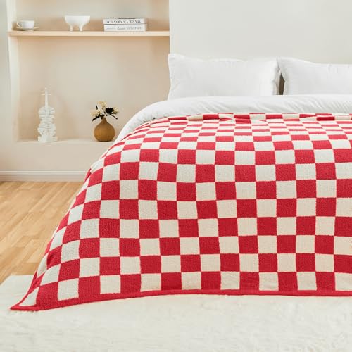 CozeCube Reversible Checkered Knit Throw Blanket 50x60in Christmas Red