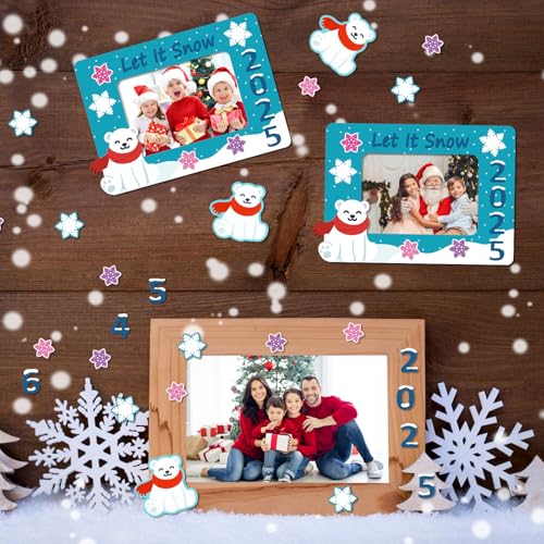 Menkxi 24 Sets Dated Winter Picture Frame Craft Kit Magnet Christmas Photo Frames with Snowflake Stickers Winter DIY Crafts for Kids Toddlers Xmas Gift Decorations Fun Holiday Party Activities