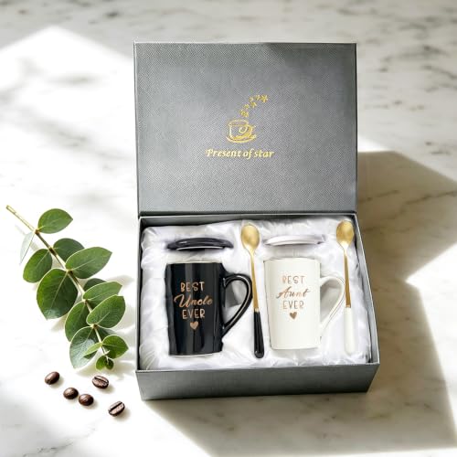JUUNMAOO Black & White Best Aunt & Uncle Ever Mug Set 14 Oz with Lids & Spoons