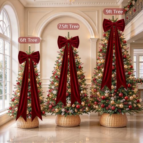 Memgift Burgundy Velvet Christmas Bow Set with 20"x71" Topper & 12 Small Bows - Holiday Tree Decorations