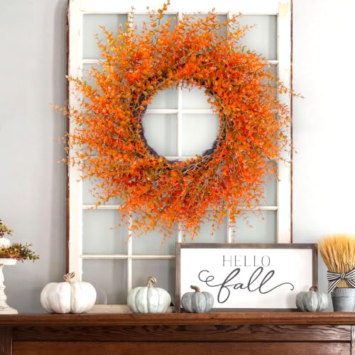 26-Inch Autumn Fall Wreath with Orange Eucalyptus for Front Door & Outdoor Decor