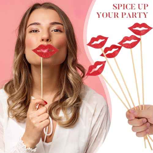 Amosfun 20pcs Red Lips Photo Booth Props Tea Party Decorations Glitter Photo Props for Wedding Anniversary Birthday Party Cake Decoration
