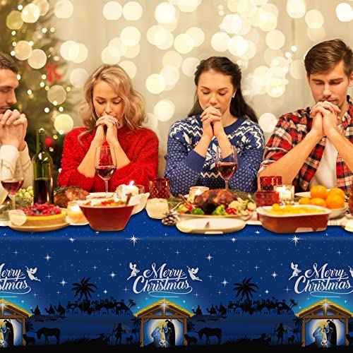 3 Pcs Holy Nativity Christmas Tablecloth, Blue Merry Christmas Religious Plastic Table Cover Holy Night Nativity Tablecloth for Merry Christmas Jesus Nativity Religious Party Decorations, 54x108 Inch
