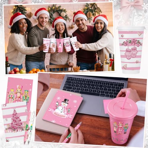 Feifeiya 72 Pcs Pink Christmas Cups Gift Set with Lids & Straws, 24 Notebooks & Pens, Snowmen & Stars