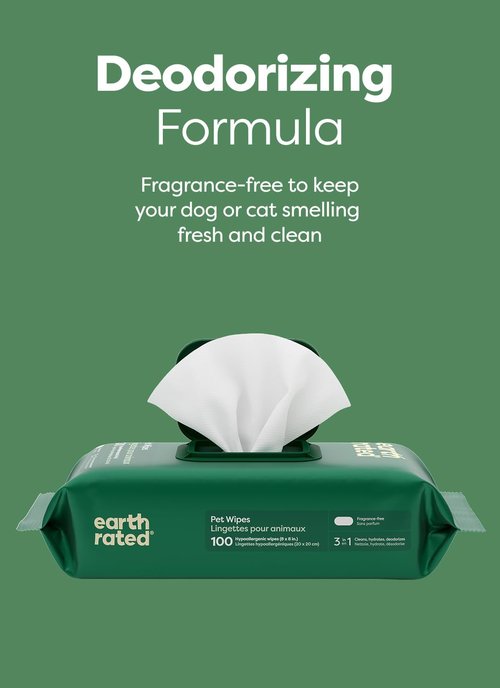 Earth Rated Pet Wipes - Hypoallergenic 3-in-1 Cleaning & Deodorizing for Dogs & Cats | 100 Count