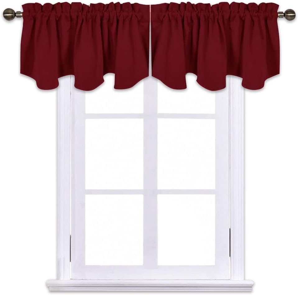 NICETOWN Burgundy Red Kitchen Blackout Valances - 52x18 Scalloped Pole Pocket Curtains, 2 Panels