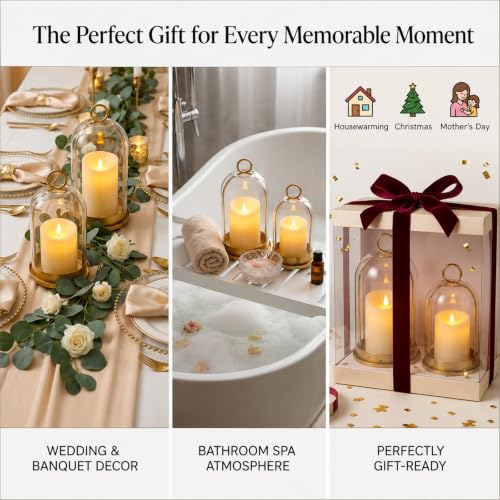 Gold Hurricane Candle Holders Set - Vintage Lanterns with LED Candles, 4” & 5”