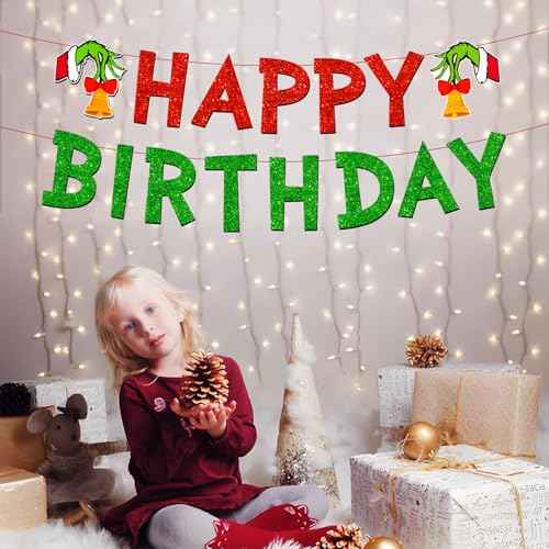 Merry Christmas Birthday Banner, No DIY, Glittery Happy Xmas Themed Party Decorations Red and Green December Party Supplies