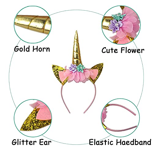 2Pcs Unicorn Horn Headbands Flowers Cat Ear HeadBands for Birthday Party, Christmas,Halloween,Photo Props, Unicorn Themed Party Decoration Supplies(Gold and Sliver), 10 inch L x 7 inch W
