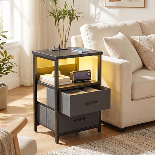 Fixwal Black Nightstands Set of 2 with LED RGB Lighting, Charging Station, 15.7 x 11.8 x 23.6 inches