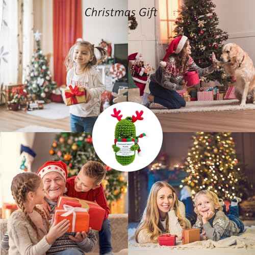 Christmas Crochet Pickle, Positive Crochet Animals with Message, Handmade Gifts with Antlers and Plaid Scarf, Funny Xmas Decorations (Christmas Cucumber)