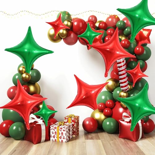 Red and Green Star Balloons Set - 14pcs Foil Balloons for Christmas & Birthday Decorations