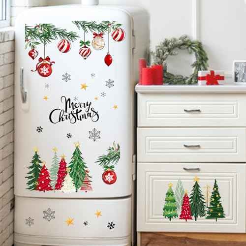 Mfault Merry Christmas Tree Window Clings, Xmas Balls Snowflakes Stars Stickers Decals Decorations, Winter Holiday Pine Branches Home Kitchen Decor