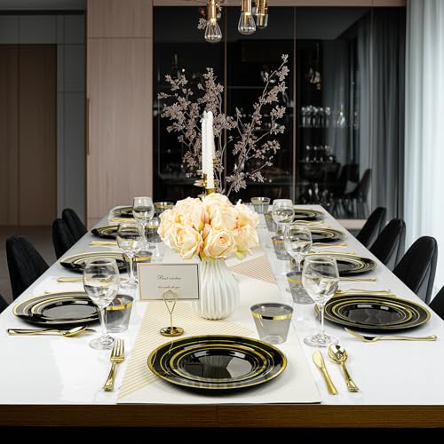 Black Gold Disposable Dinnerware Set for 50 Guests - 350 Pieces