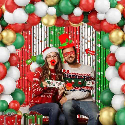 MEHOFOND 164pcs Merry Christmas Party Decorations Set, Christmas Foil Fringe Curtains, Red Green Gold Balloons Arch Garland Favors for Kids Adults Friends Ugly Sweater Party Props for Photo Supplies