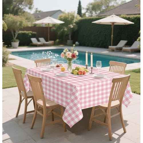 HEIPINIUYE 2 Pack Pink Gingham Tablecloth Disposable 54 x 108 Inch Pink and White Plaid Plastic Table Cloth Disposable Rectangle Table Cover for Party Birthday Picnic Checkered Tablecloths