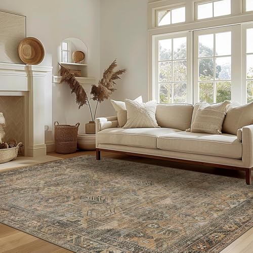 8x10 Taupe Washable Area Rug with Non-Slip Backing for Living Room & Bedroom - Bavni