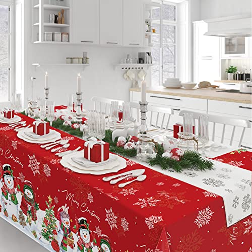 FunnyPars Red Christmas Snowman Tablecloth 54x108 Inch Waterproof Holiday Party Decor