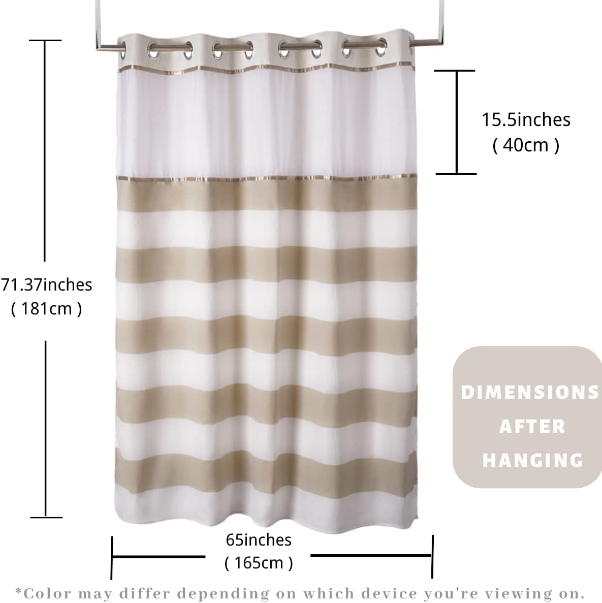 Skiennix Hook-Free Shower Curtain - 71"W x 74"H Light Beige & White Stripe with Mesh Window