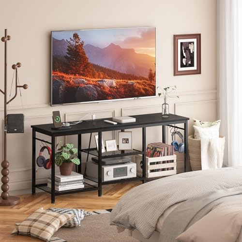 YGEOMER TV Stand for 55 Inch TVs with Outlets - Black, 47.2W x 11.8D x 21.6H, Includes Outlet & Cable Management