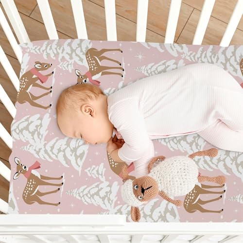 KICPOAY 52 x 28 Inch Fitted Crib Sheet for Baby & Toddler Playard - Snowflake Fawn Pattern, Breathable Soft Mini Mattress Cover, Multi 10